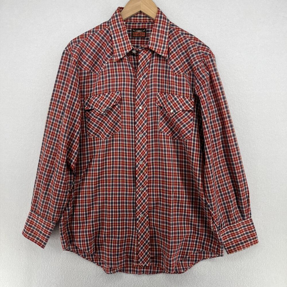 WESTERN FASHIONS Shirt Mens XL Plaid Pearl Snap Front Woven Cotton Red VTG